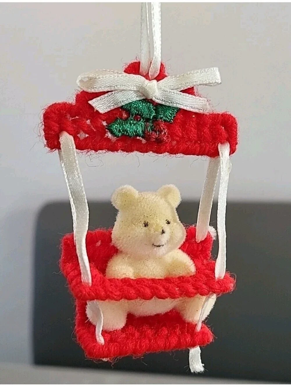 Vtg Mini Flocked Teddy Bear with Ornate Red Baby Swing Box Handmade 3